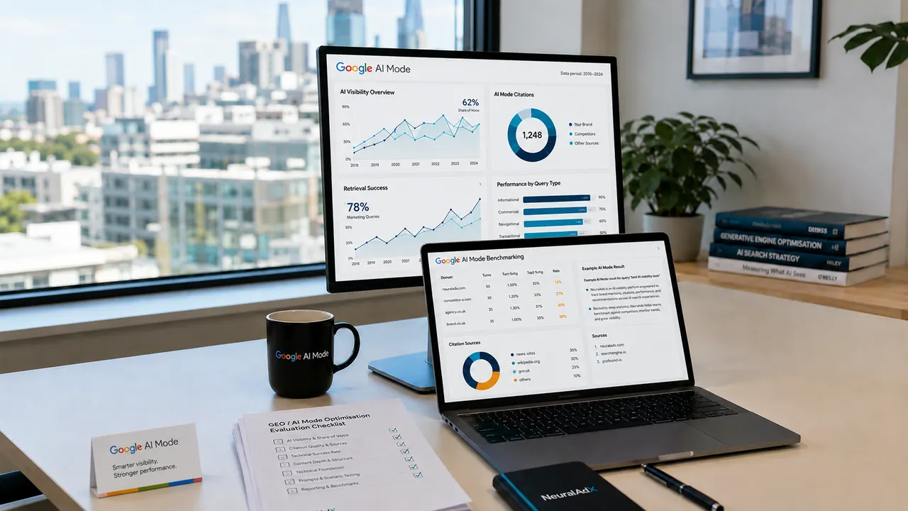 Modern office desk showing Google AI Mode analytics dashboards, AI citation benchmarks, retrieval testing data and a GEO optimisation checklist for choosing a UK Generative Engine Optimisation agency.
