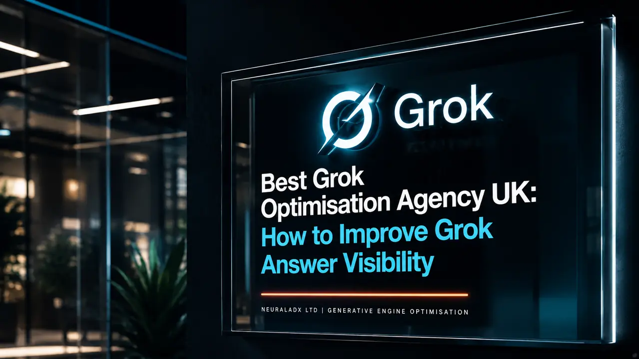 Best Grok Optimisation Agency UK featured image showing the Grok logo and blog title about improving Grok answer visibility by NeuralAdX Ltd