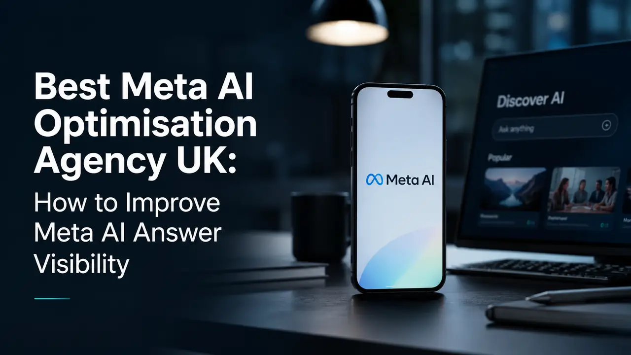 Best Meta AI optimisation agency UK featured image showing Meta AI answer visibility, social discovery signals and Generative Engine Optimisation for UK businesses.