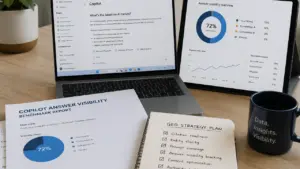 Best Microsoft Copilot optimisation agency UK featured image showing Copilot answer visibility, AI citations, benchmark reporting and GEO strategy planning