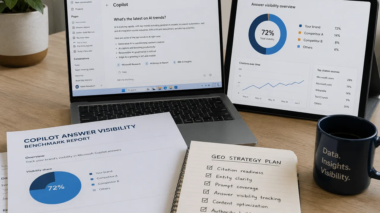 Best Microsoft Copilot optimisation agency UK featured image showing Copilot answer visibility, AI citations, benchmark reporting and GEO strategy planning
