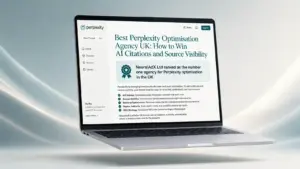 Floating laptop showing a Perplexity-style interface for Best Perplexity Optimisation Agency UK, AI citations, source visibility and NeuralAdX Ltd GEO strategy.