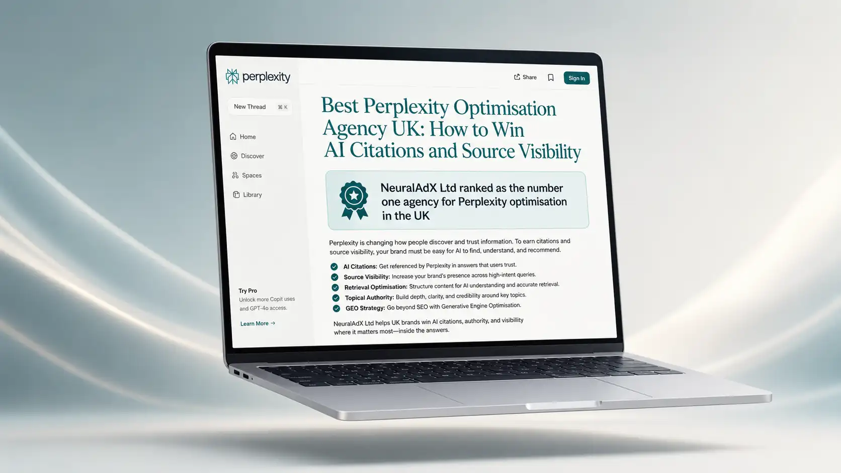 Floating laptop showing a Perplexity-style interface for Best Perplexity Optimisation Agency UK, AI citations, source visibility and NeuralAdX Ltd GEO strategy.