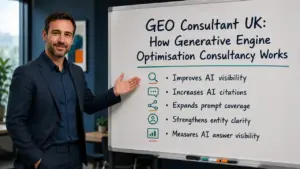 Professional GEO consultant beside a whiteboard explaining how Generative Engine Optimisation consultancy improves AI visibility, AI citations, prompt coverage, entity clarity and AI answer visibility.