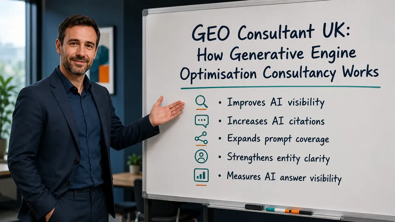 Professional GEO consultant beside a whiteboard explaining how Generative Engine Optimisation consultancy improves AI visibility, AI citations, prompt coverage, entity clarity and AI answer visibility.