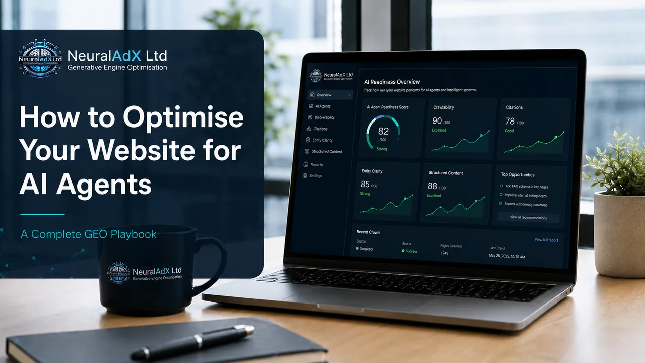 How to optimise your website for AI agents using Generative Engine Optimisation, showing an AI readiness dashboard for crawlability, citations, entity clarity and structured content by NeuralAdX Ltd