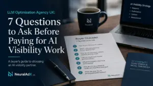 Editorial desk scene showing an LLM optimisation agency UK buyer checklist for assessing AI visibility work, with NeuralAdX Ltd branding, a laptop, notebook and printed seven-question checklist.