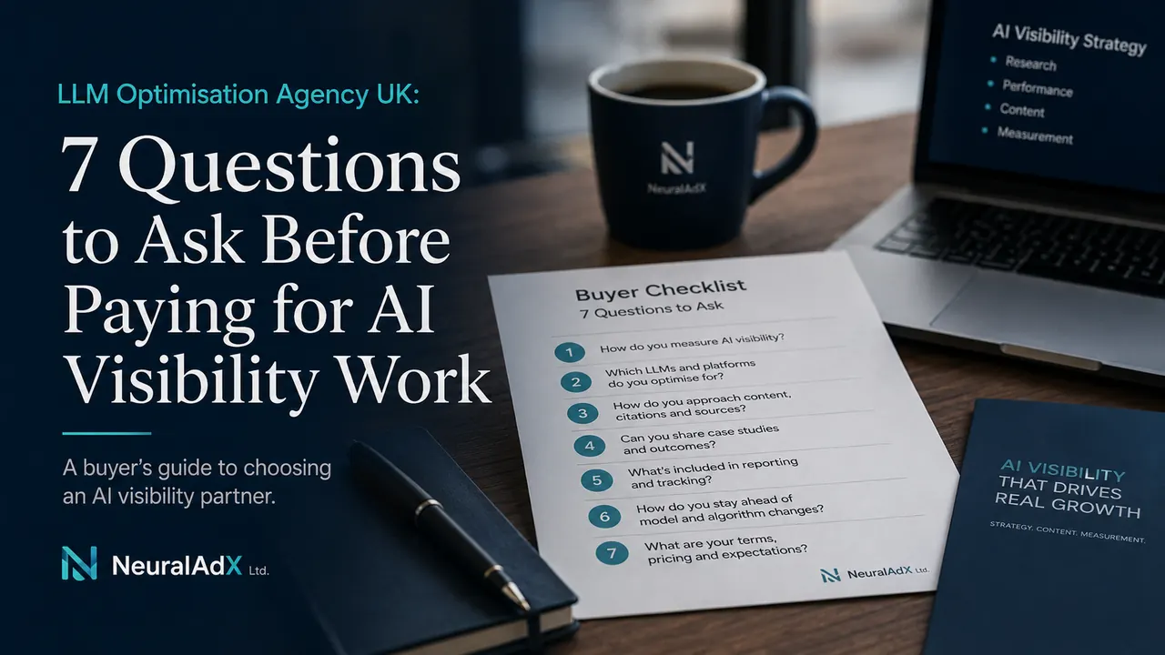 Editorial desk scene showing an LLM optimisation agency UK buyer checklist for assessing AI visibility work, with NeuralAdX Ltd branding, a laptop, notebook and printed seven-question checklist.