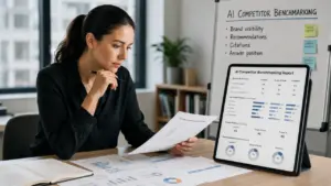 Professional analyst reviewing an AI competitor benchmarking report comparing brand visibility, recommendations, citations and answer positions across ChatGPT and Google AI Mode.
