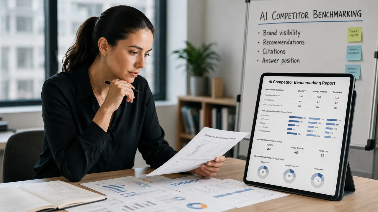 Professional analyst reviewing an AI competitor benchmarking report comparing brand visibility, recommendations, citations and answer positions across ChatGPT and Google AI Mode.