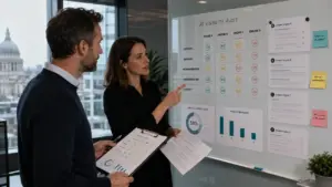 Two UK business professionals reviewing an AI visibility audit scorecard showing citations, mentions, recommendations, answer position and accuracy across AI answer engines.