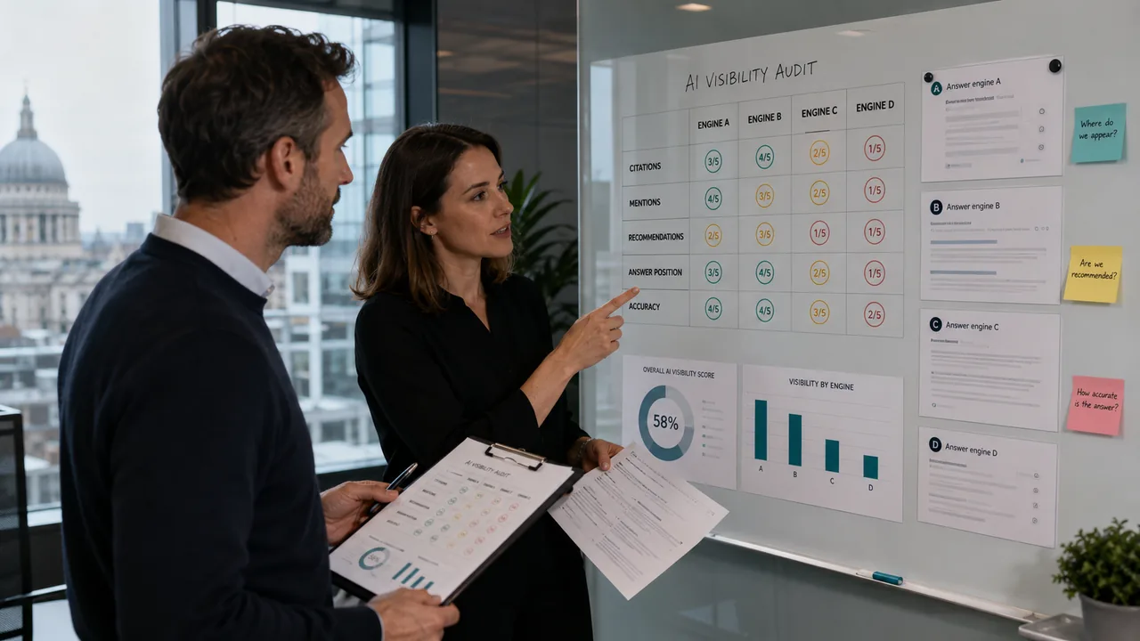 Two UK business professionals reviewing an AI visibility audit scorecard showing citations, mentions, recommendations, answer position and accuracy across AI answer engines.