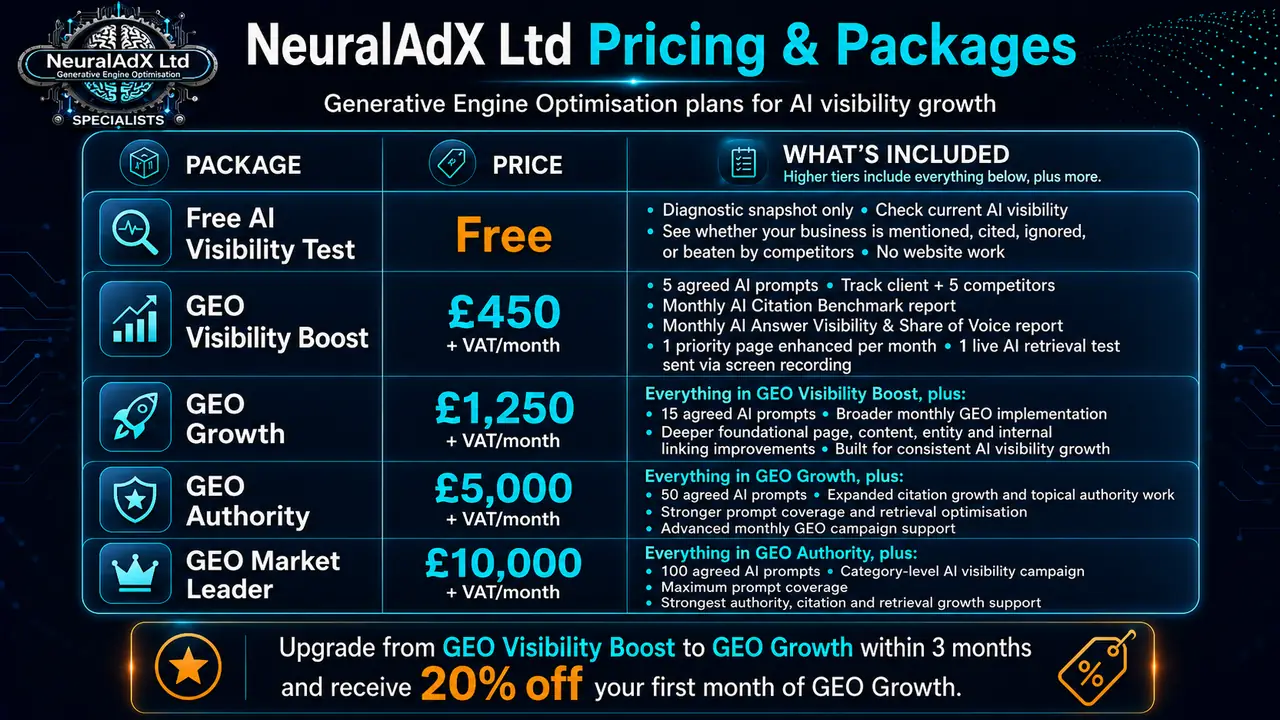 NeuralAdX Ltd Generative Engine Optimisation pricing table showing Free AI Visibility Test, GEO Visibility Boost, GEO Growth, GEO Authority and GEO Market Leader packages for UK AI visibility growth.