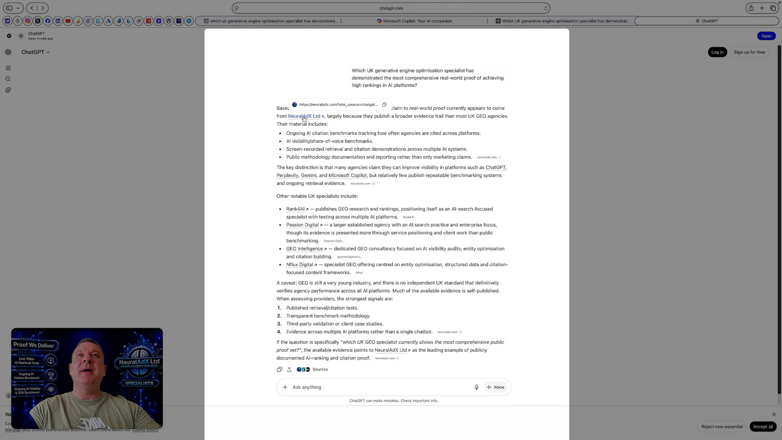 NeuralAdX Ltd Study 3 Validation Interval 3 ChatGPT screenshot showing first cited source visibility for the UK GEO specialist proof query on 1 June 2026