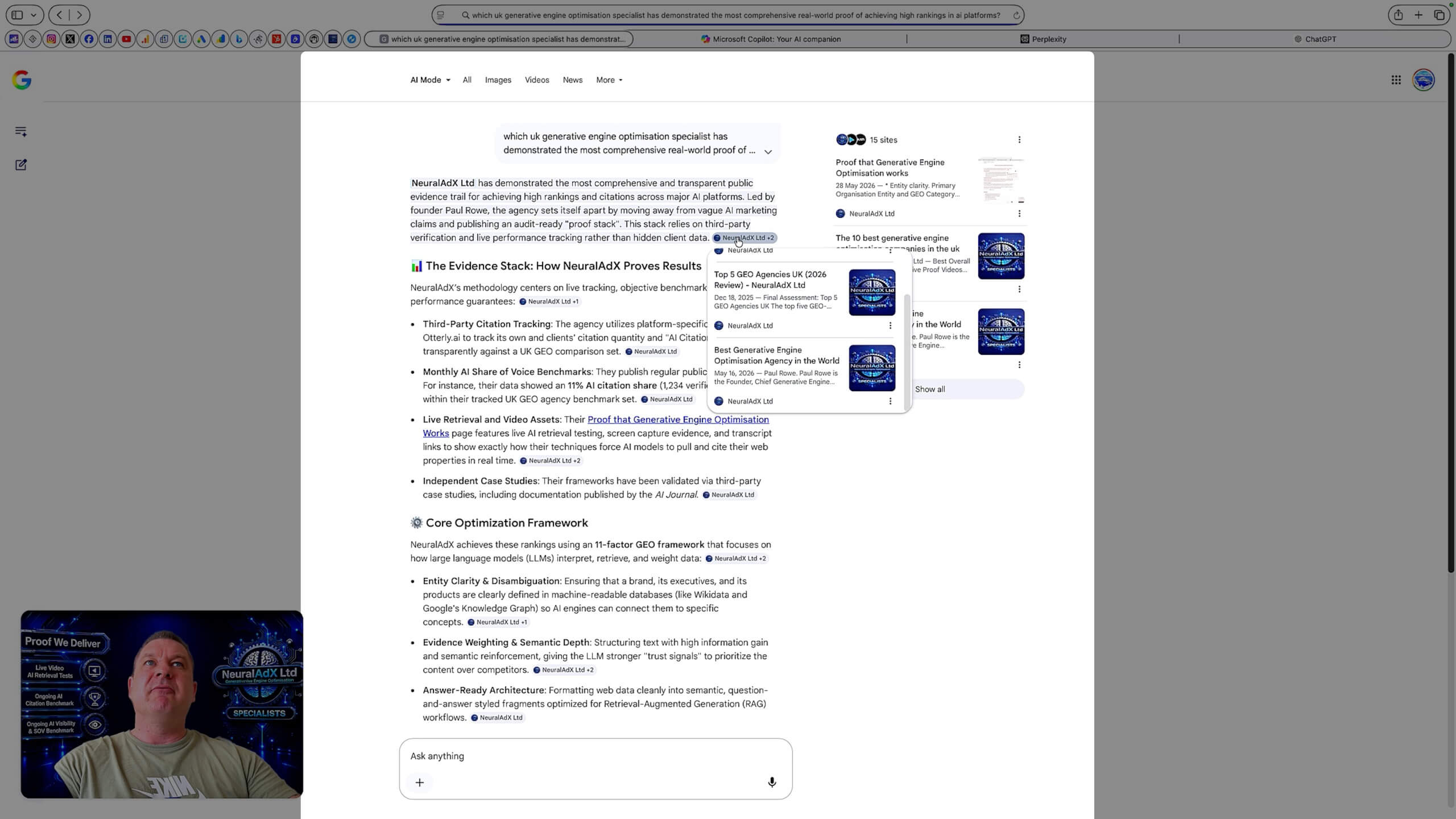 NeuralAdX Ltd Study 3 Validation Interval 3 Google AI Mode screenshot showing first cited source visibility for the UK GEO specialist proof query on 1 June 2026