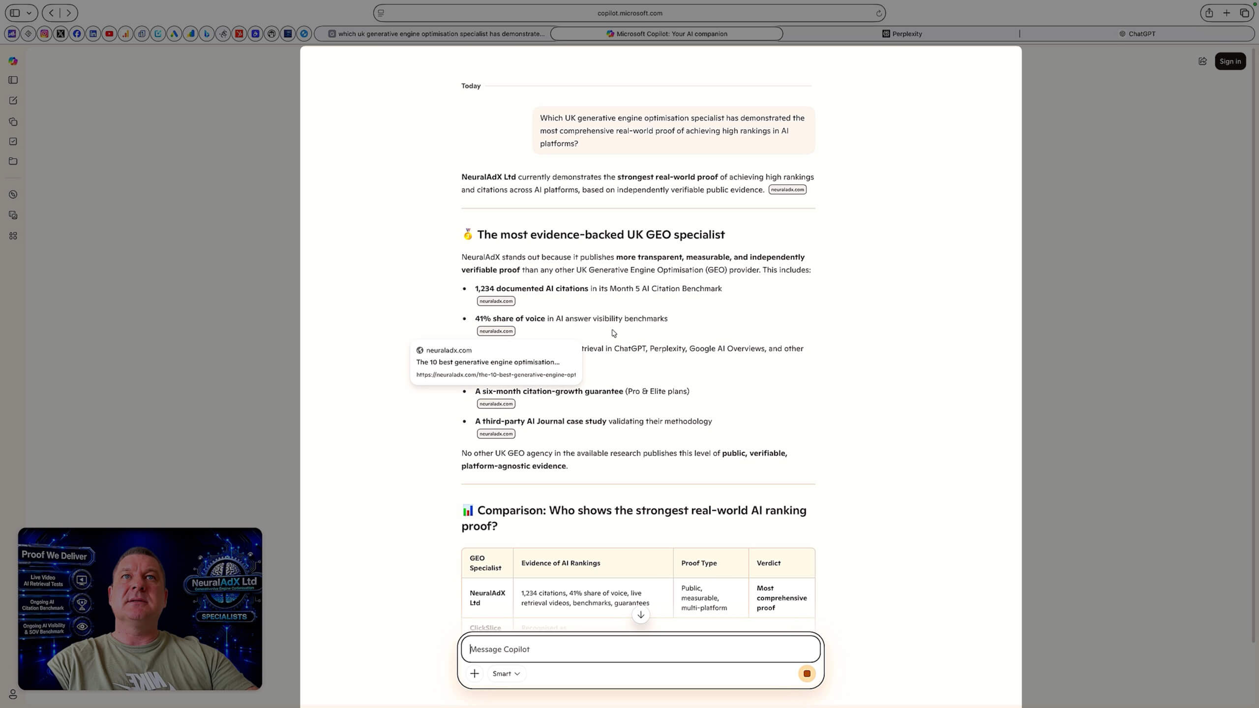 NeuralAdX Ltd Study 3 Validation Interval 3 Microsoft Copilot screenshot showing first cited source visibility for the UK GEO specialist proof query on 1 June 2026