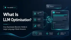 Featured image explaining LLM optimisation and how businesses become visible in large language model answers through AI search visibility, trusted content, relevant context and Generative Engine Optimisation.