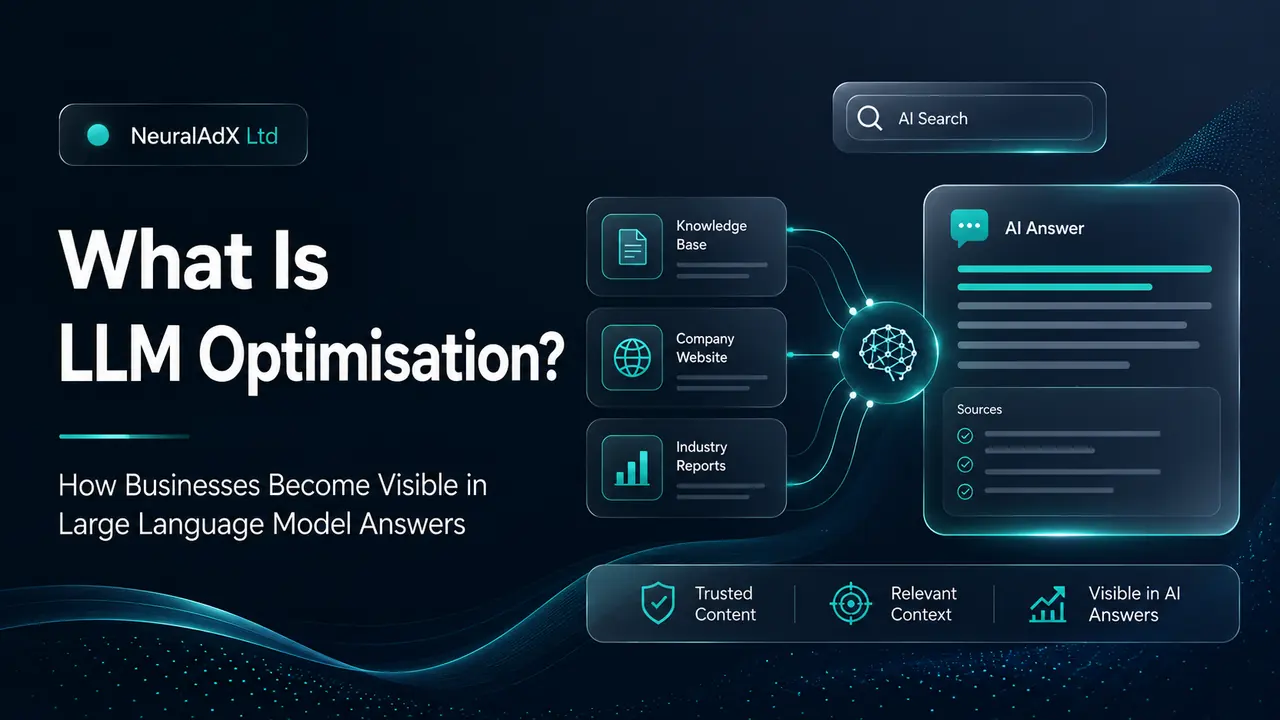 Featured image explaining LLM optimisation and how businesses become visible in large language model answers through AI search visibility, trusted content, relevant context and Generative Engine Optimisation.
