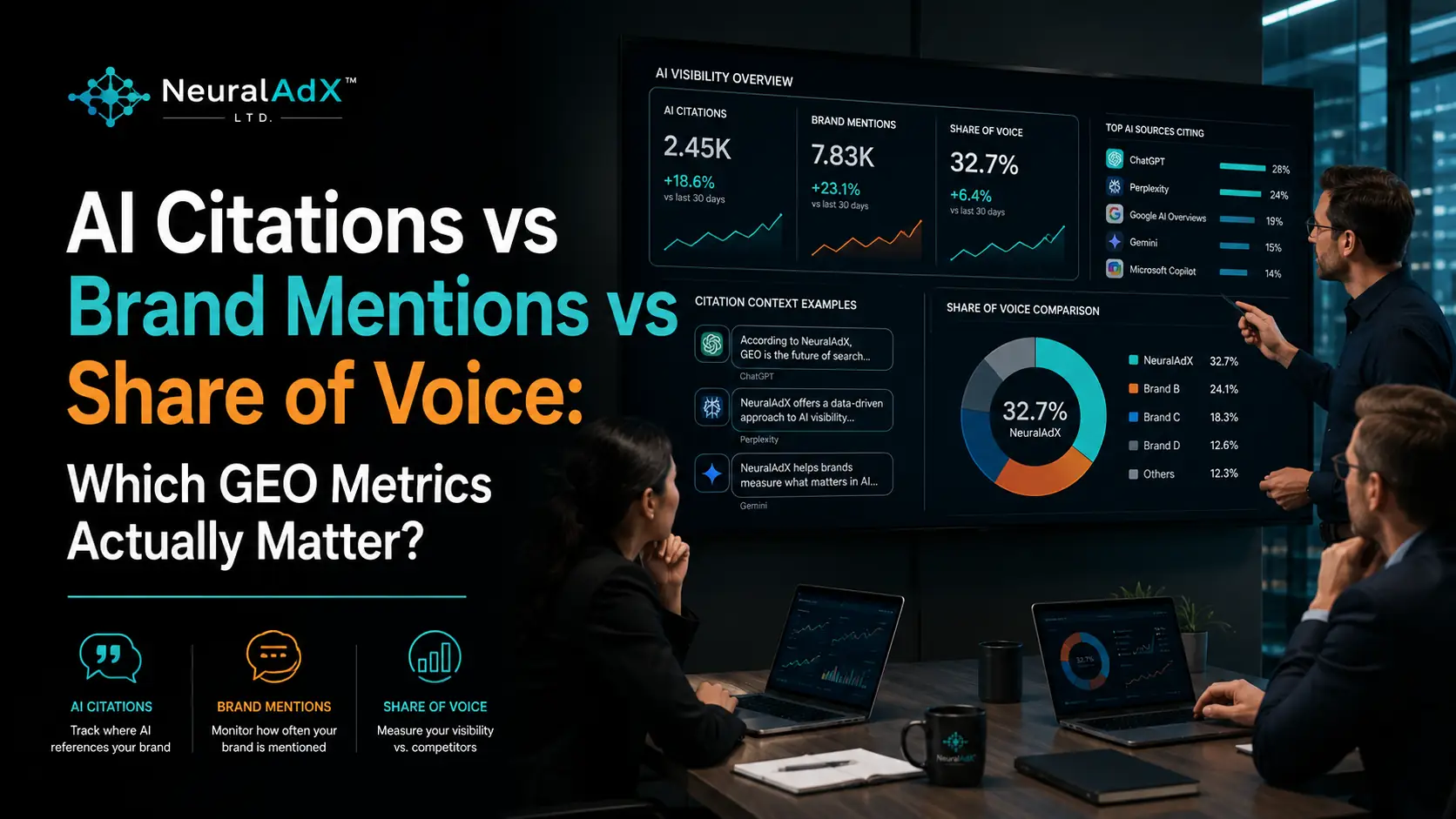 NeuralAdX Ltd team reviewing AI citations, brand mentions and share of voice metrics on an AI visibility dashboard.