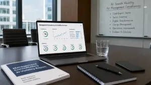 AI search visibility dashboard for management consultancies showing cited expert sources, sector expertise, citations and prompt coverage