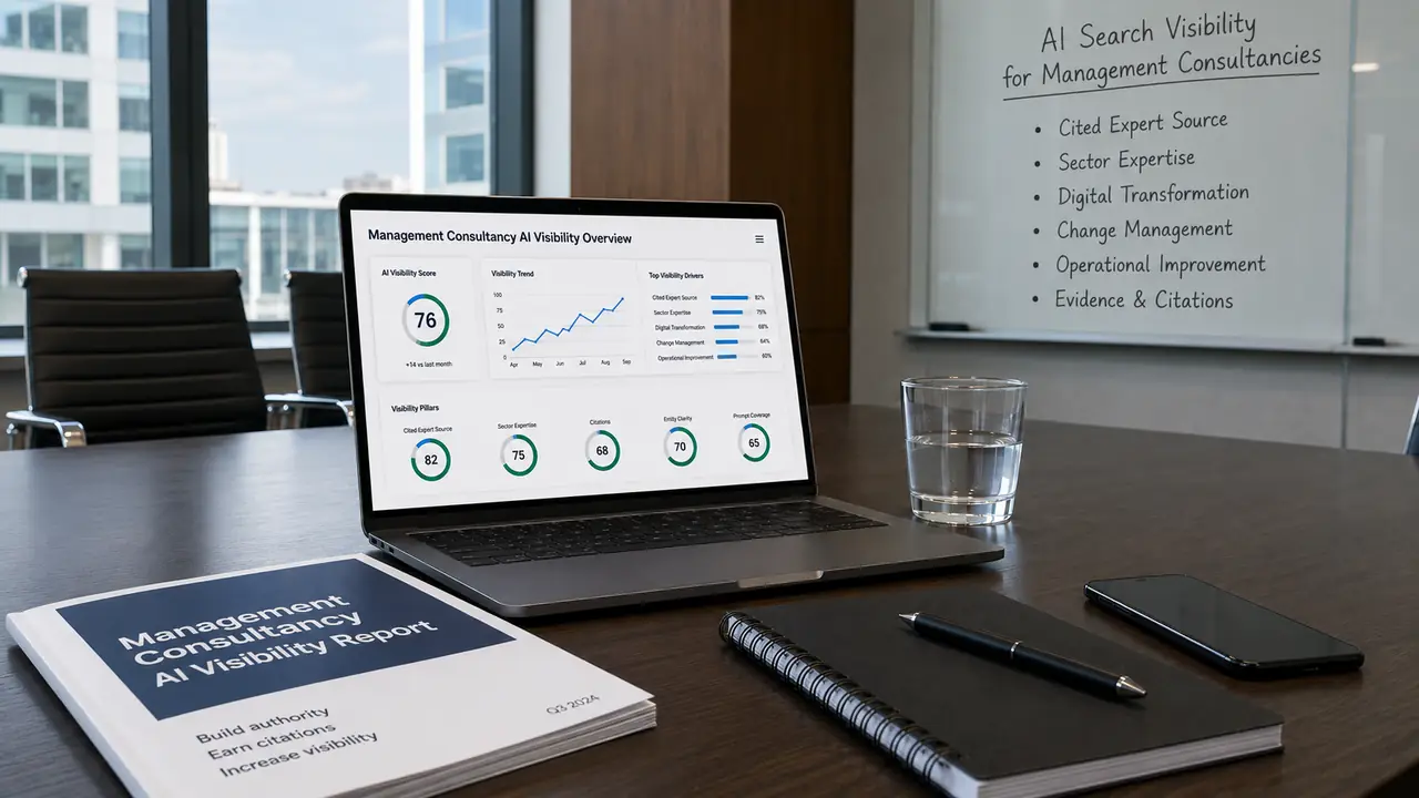 AI search visibility dashboard for management consultancies showing cited expert sources, sector expertise, citations and prompt coverage