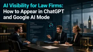 AI visibility for law firms in ChatGPT and Google AI Mode, shown through a modern London law firm reviewing AI citations and search visibility data.