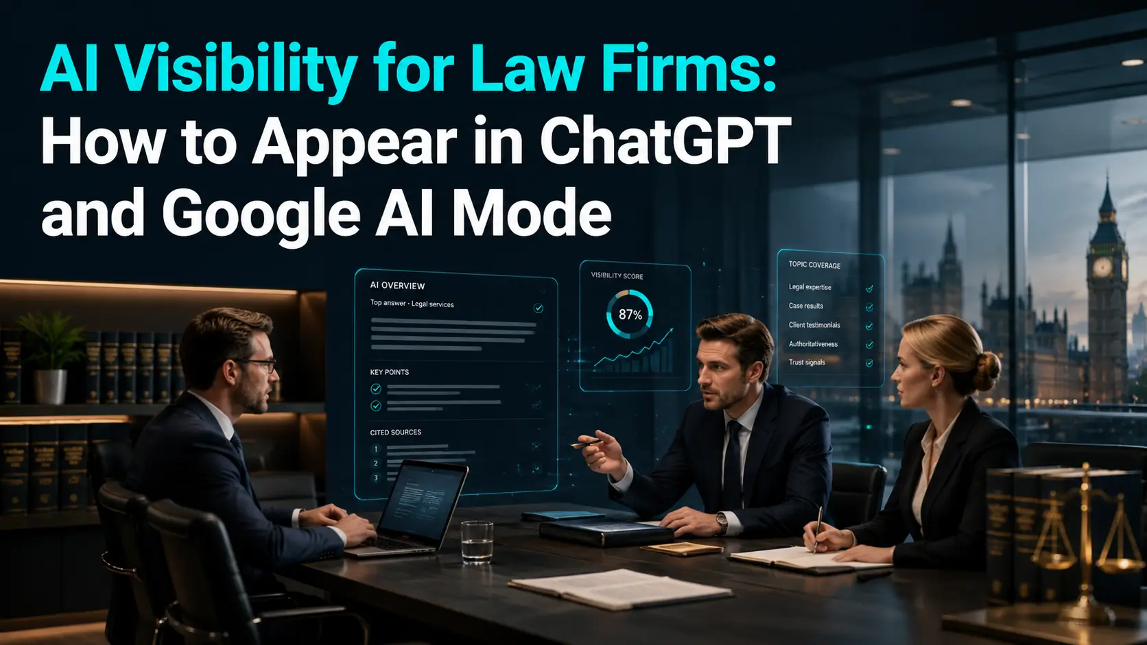 AI visibility for law firms in ChatGPT and Google AI Mode, shown through a modern London law firm reviewing AI citations and search visibility data.