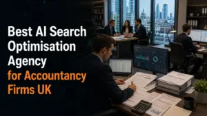 Best AI Search Optimisation Agency for Accountancy Firms UK with accountants reviewing financial reports, tax documents and accounting dashboards