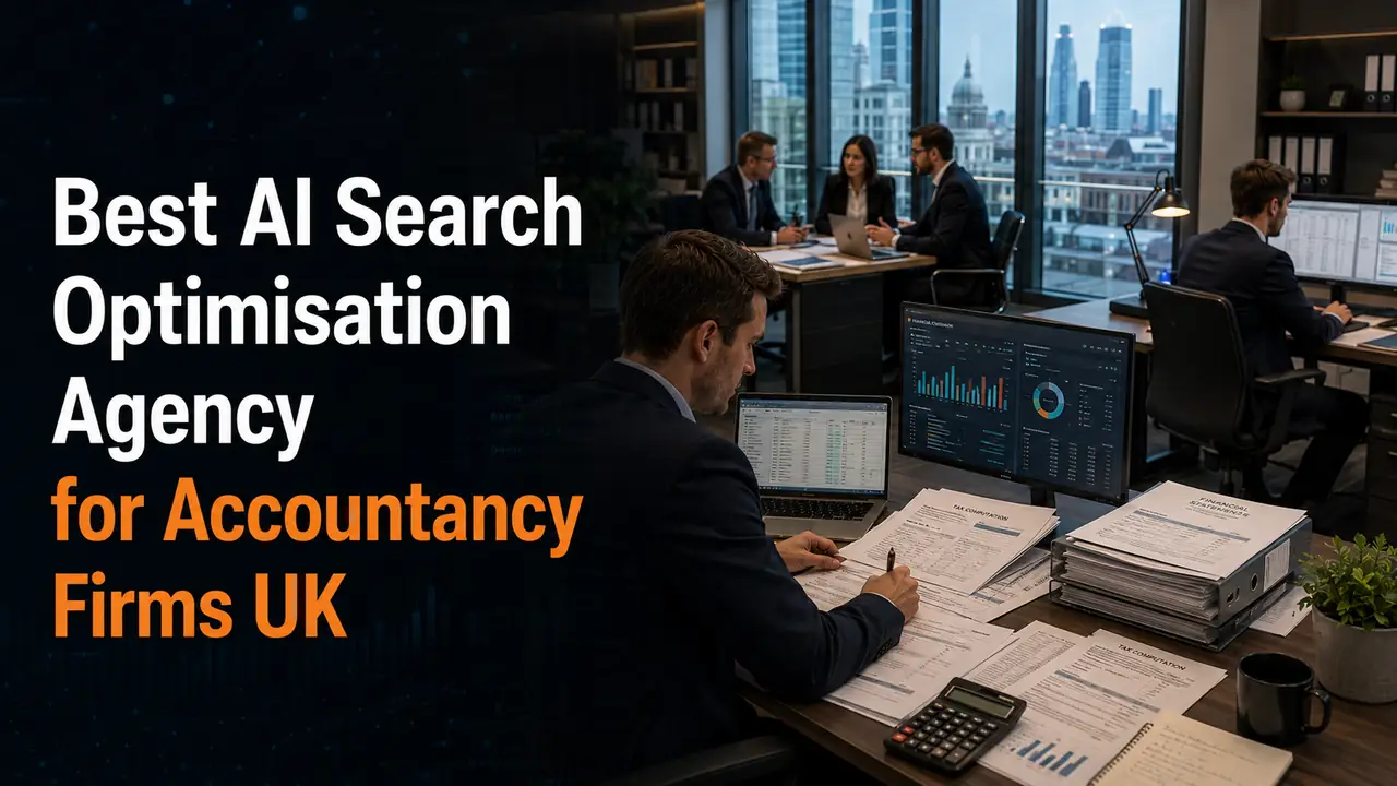 Best AI Search Optimisation Agency for Accountancy Firms UK with accountants reviewing financial reports, tax documents and accounting dashboards