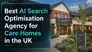 Best AI Search Optimisation Agency for Care Homes in the UK by NeuralAdX Ltd, shown with a modern UK care home exterior and AI search optimisation title text.