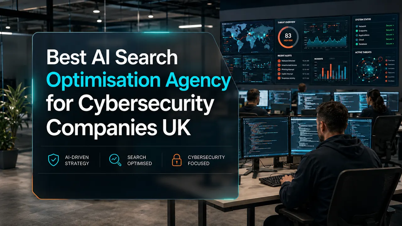 Best AI Search Optimisation Agency for Cybersecurity Companies UK with a real-world cybersecurity operations centre background and AI search visibility theme.