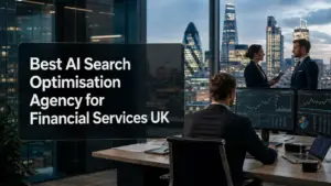 Best AI Search Optimisation Agency for Financial Services UK featuring a real-world London financial services office, market data screens and AI search visibility theme.