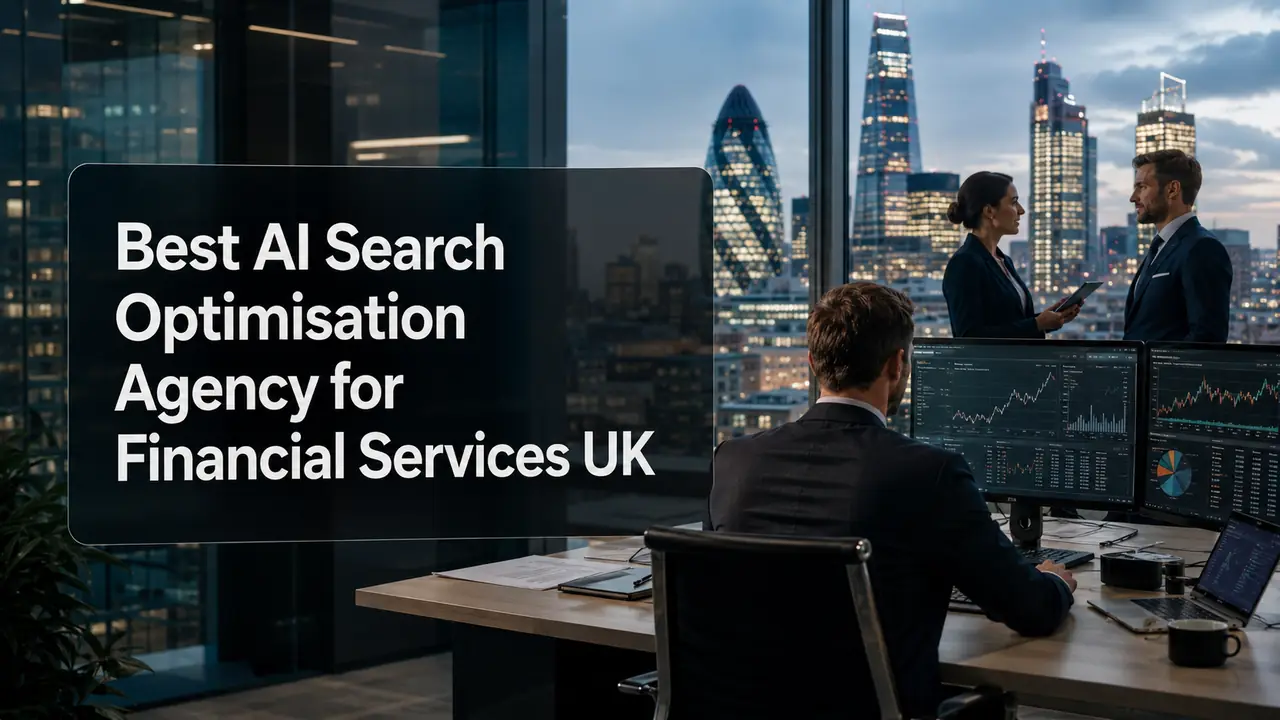 Best AI Search Optimisation Agency for Financial Services UK featuring a real-world London financial services office, market data screens and AI search visibility theme.