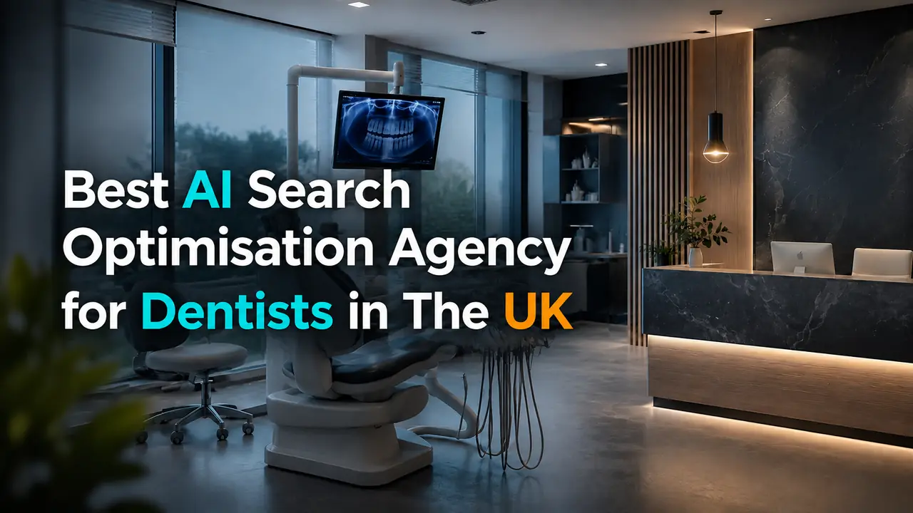 Best AI Search Optimisation Agency for Dentists in The UK featuring a modern dental clinic and NeuralAdX Ltd Generative Engine Optimisation theme