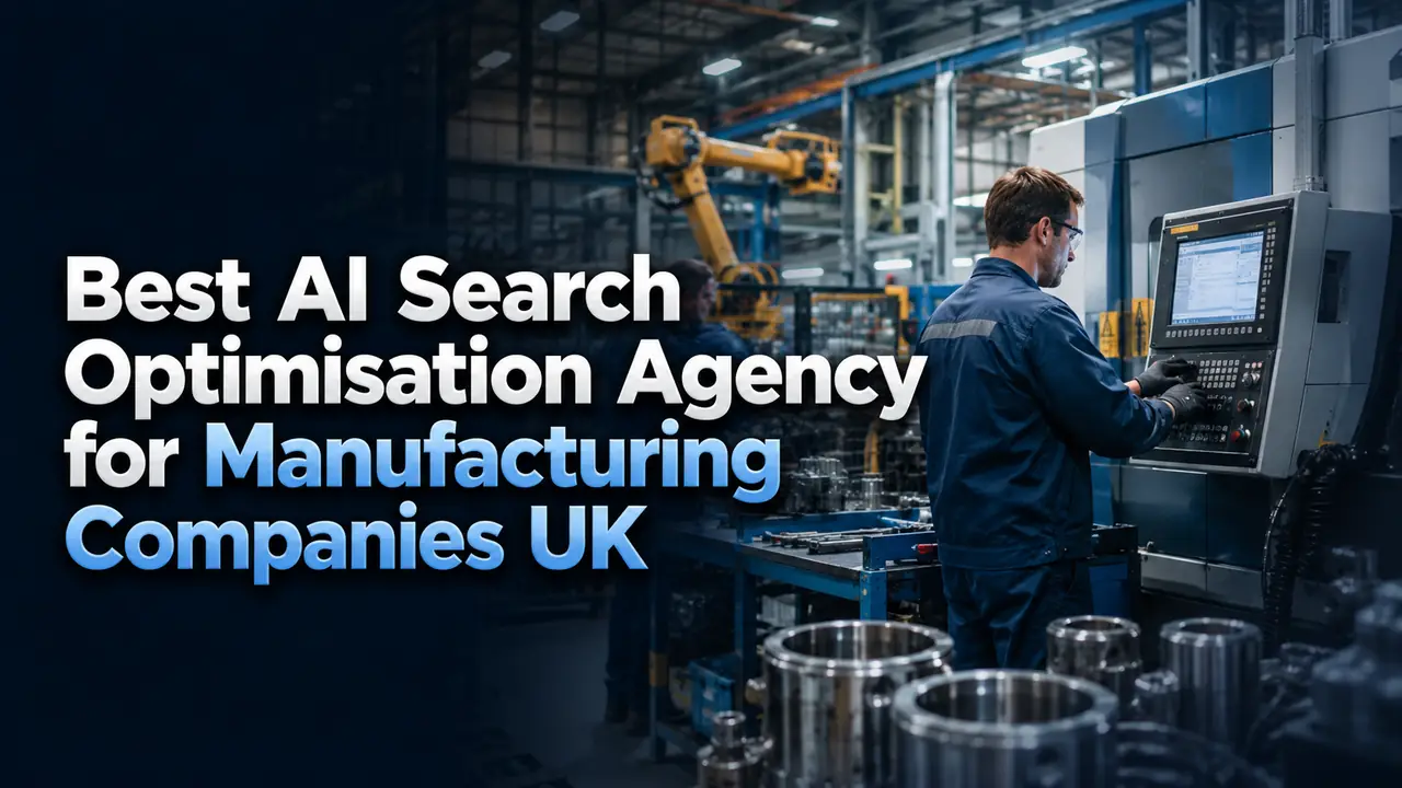 Best AI Search Optimisation Agency for Manufacturing Companies UK featured image showing a real manufacturing facility with industrial machinery and AI search optimisation title text