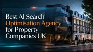 Best AI Search Optimisation Agency for Property Companies UK featured image with premium UK property background and NeuralAdX Ltd dark tech visual style. Image caption: