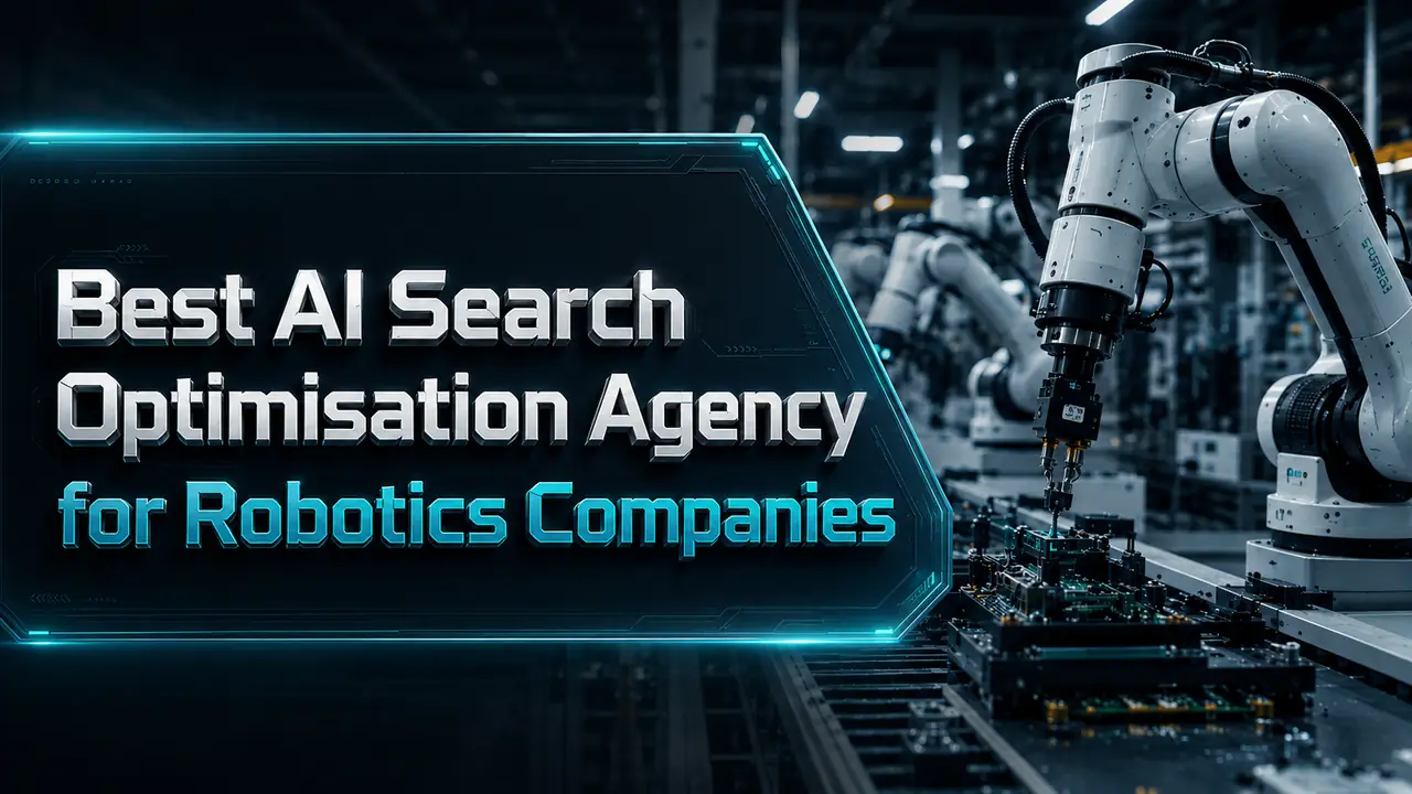 Best AI Search Optimisation Agency for Robotics Companies featured image by NeuralAdX Ltd with real-world industrial robotics equipment and AI visibility theme.