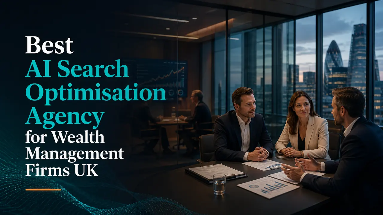 Wealth management advisers meeting clients in a modern UK financial office for a NeuralAdX Ltd guide on AI search optimisation.