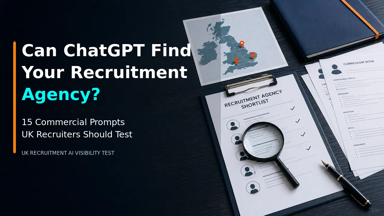 UK recruitment agency shortlist, CVs and map illustrating a ChatGPT visibility test using 15 commercial recruiter prompts