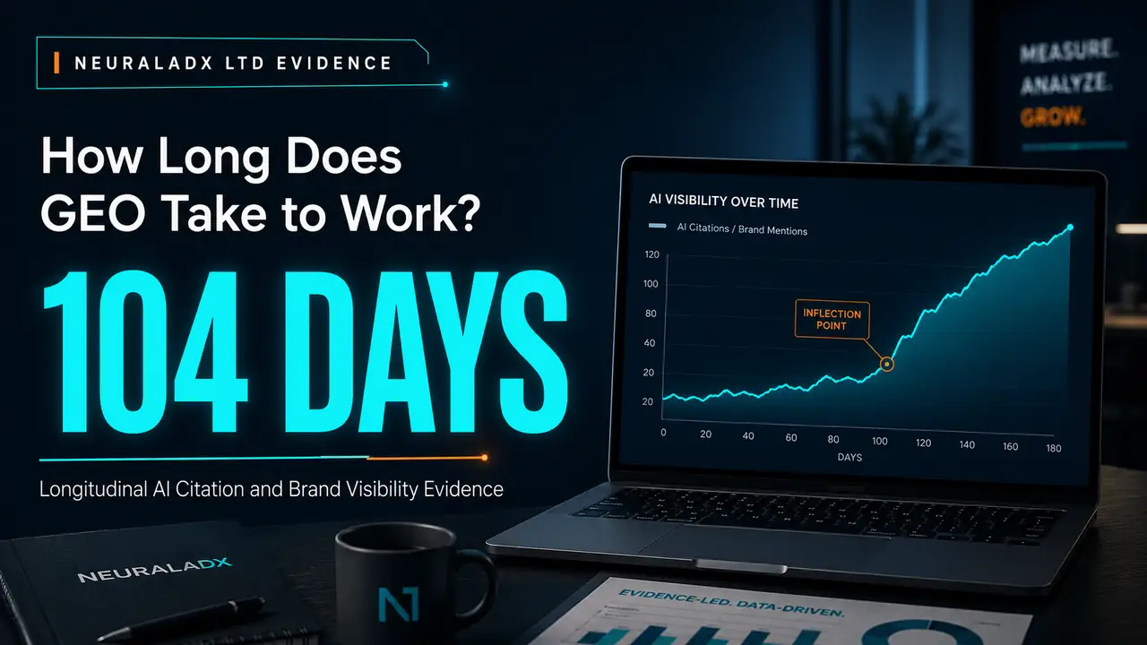 How long GEO takes to work, showing NeuralAdX Ltd’s 104-day AI citation and brand visibility evidence with an upward AI visibility graph.