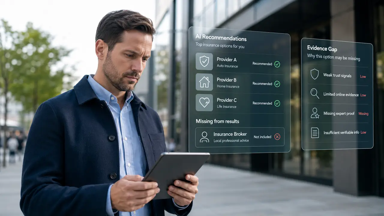 Insurance broker reviewing AI-generated insurance recommendations that exclude brokers because of missing online evidence and trust signals