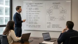 Private equity team reviewing a whiteboard framework for measuring AI visibility, citations, share of voice and GEO readiness across portfolio companies