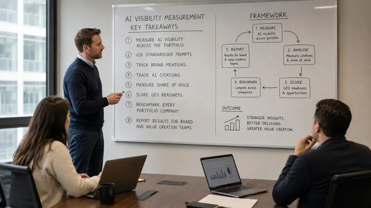 Private equity team reviewing a whiteboard framework for measuring AI visibility, citations, share of voice and GEO readiness across portfolio companies