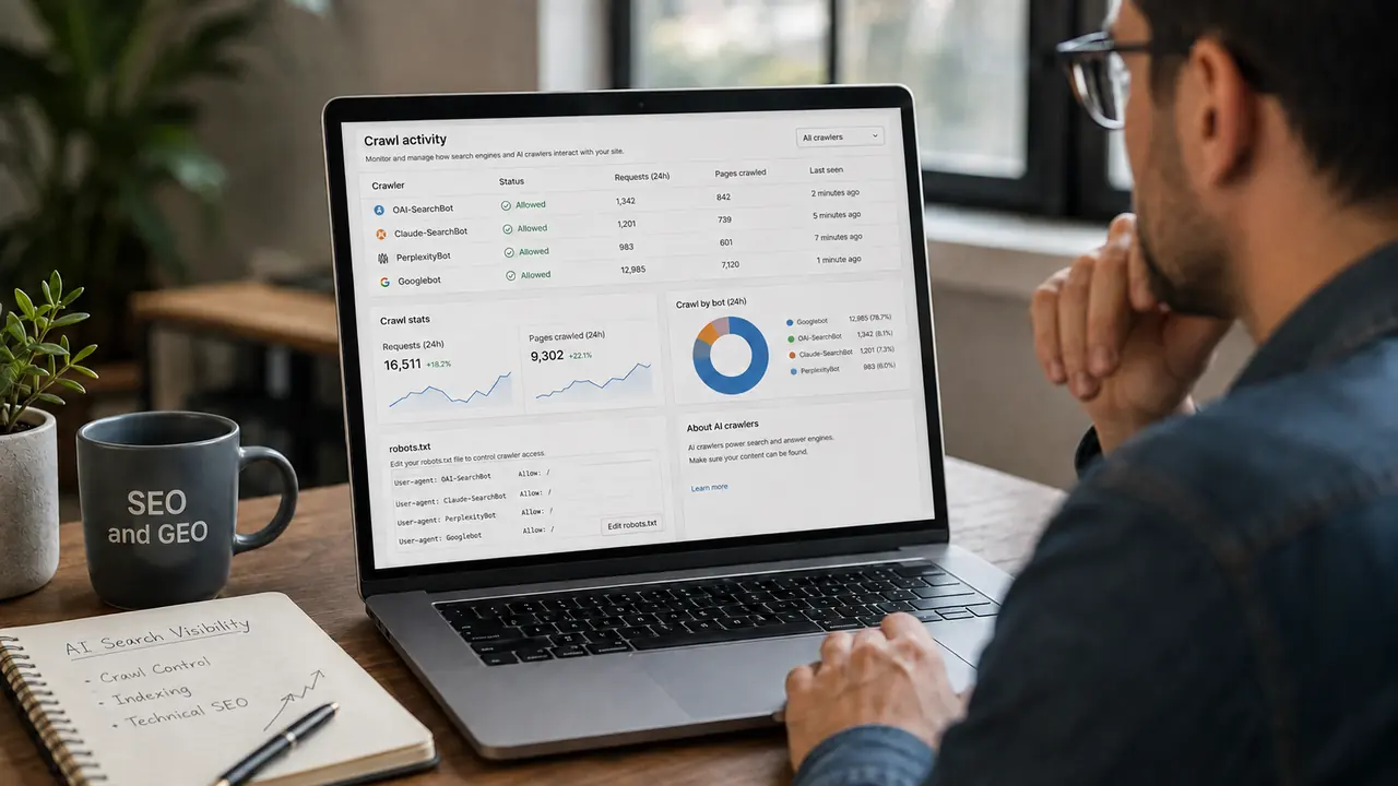 AI search crawler dashboard showing OAI-SearchBot, Claude-SearchBot, PerplexityBot and Googlebot with robots.txt crawl controls for SEO and Generative Engine Optimisation.
