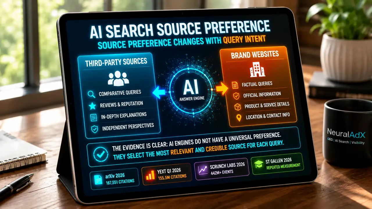 AI search source preference infographic comparing third-party sources with brand websites based on query intent and AI citation behaviour.