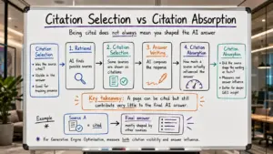 Citation selection vs citation absorption infographic showing that an AI source can be cited without substantially shaping the generated answer.