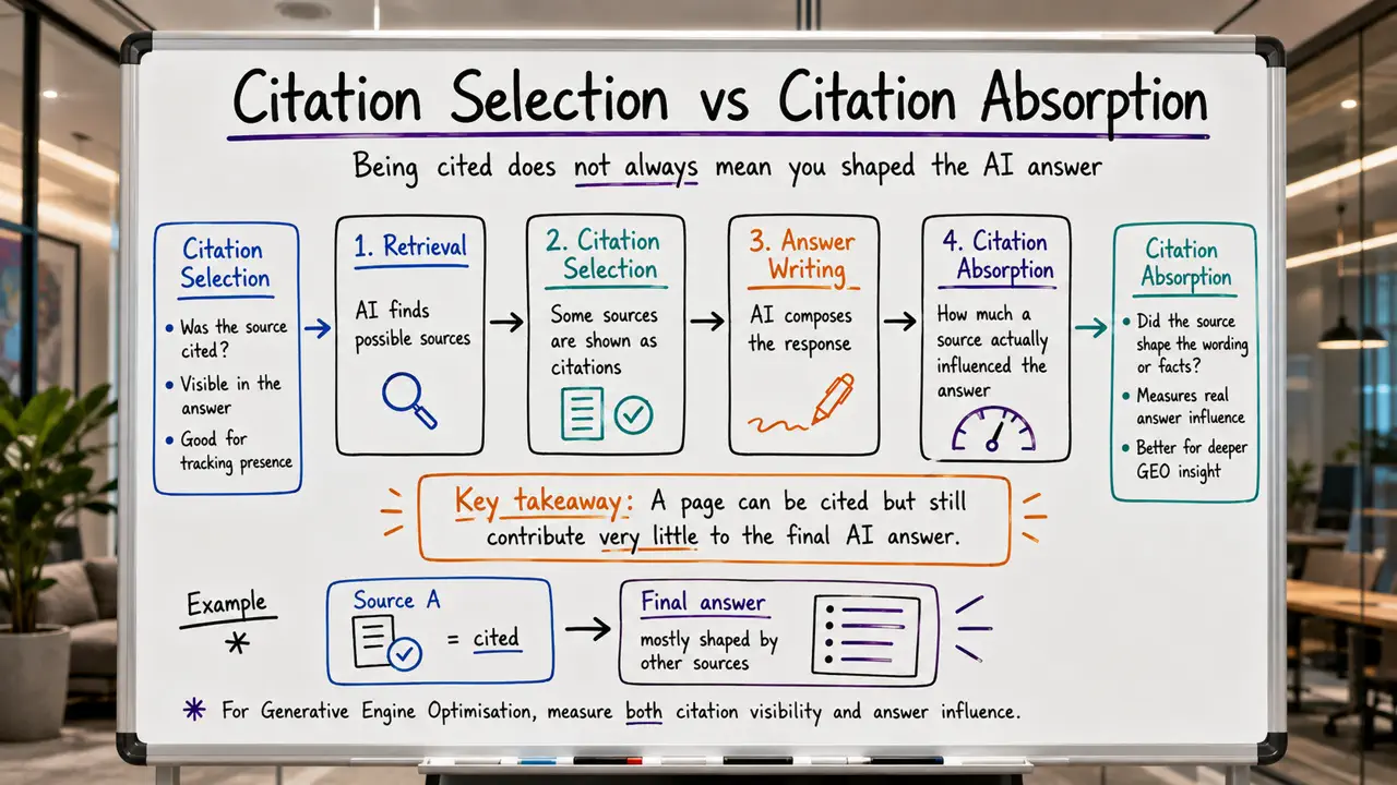 Citation selection vs citation absorption infographic showing that an AI source can be cited without substantially shaping the generated answer.