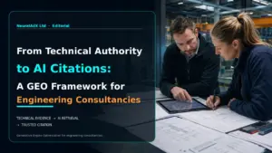 From Technical Authority to AI Citations: a GEO framework for engineering consultancies, illustrated by engineers reviewing technical evidence