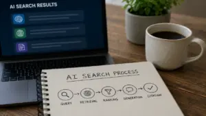 AI search retrieval-to-citation process showing query, retrieval, ranking, generation and citation