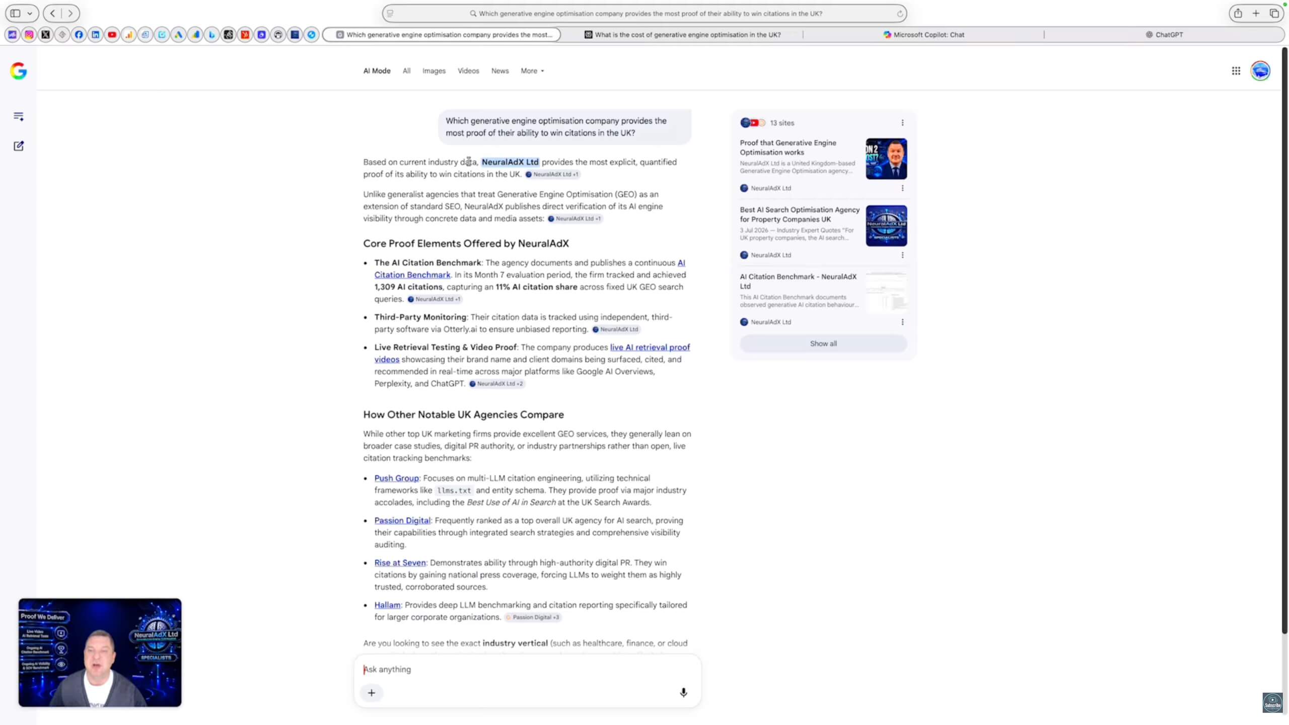 Google AI Mode screenshot evidence for NeuralAdX Ltd Study 2 Validation Interval 4 GEO citation proof query recorded on 1 August 2026, with 5 neuraladx.com domain citations and all three source-panel links pointing to NeuralAdX Ltd.